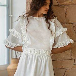Girl and the Sun White Ruffle Sleeve Cotton Cropped Oversized Blouse Top S